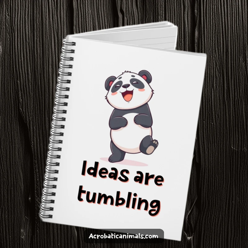 Funny notebook with a giggling panda doing a cartwheel, perfect for notes and ideas with pure panda joy. Great gift.