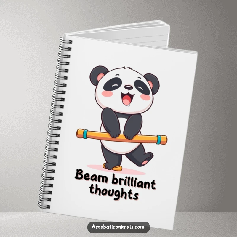 Funny panda bear notebook with a giggling bear balancing on a colorful exercise beam, ideal for notes and creativity, a cool funny gift.