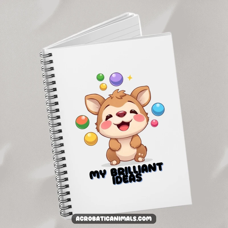 Funny notebook cover with a playful animal expertly juggling colorful balls on its nose, perfect for jotting down inspired and hilarious thoughts.