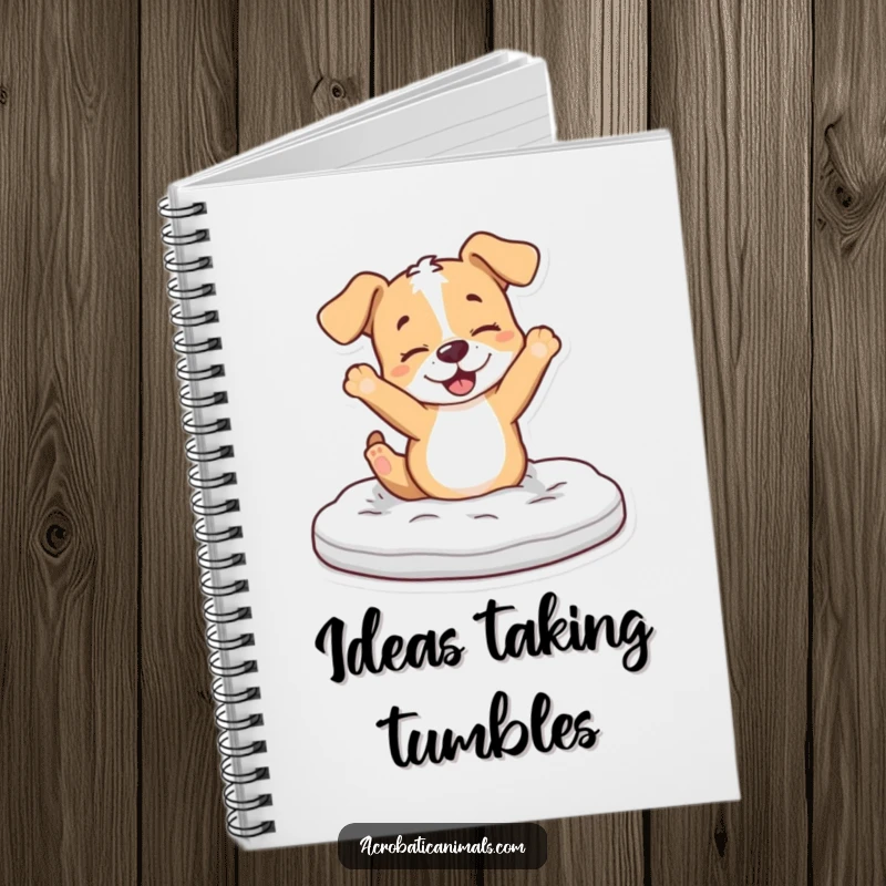 Funny Puppy Notebook: A playful puppy character flips over a foam mat, inspiring energetic writing.
