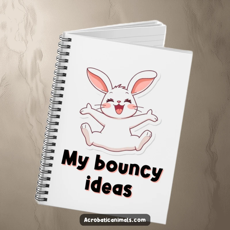 Funny rabbit notebook featuring a joyous bunny doing a split jump, ears flopping, for writing down humorous and energetic notes.
