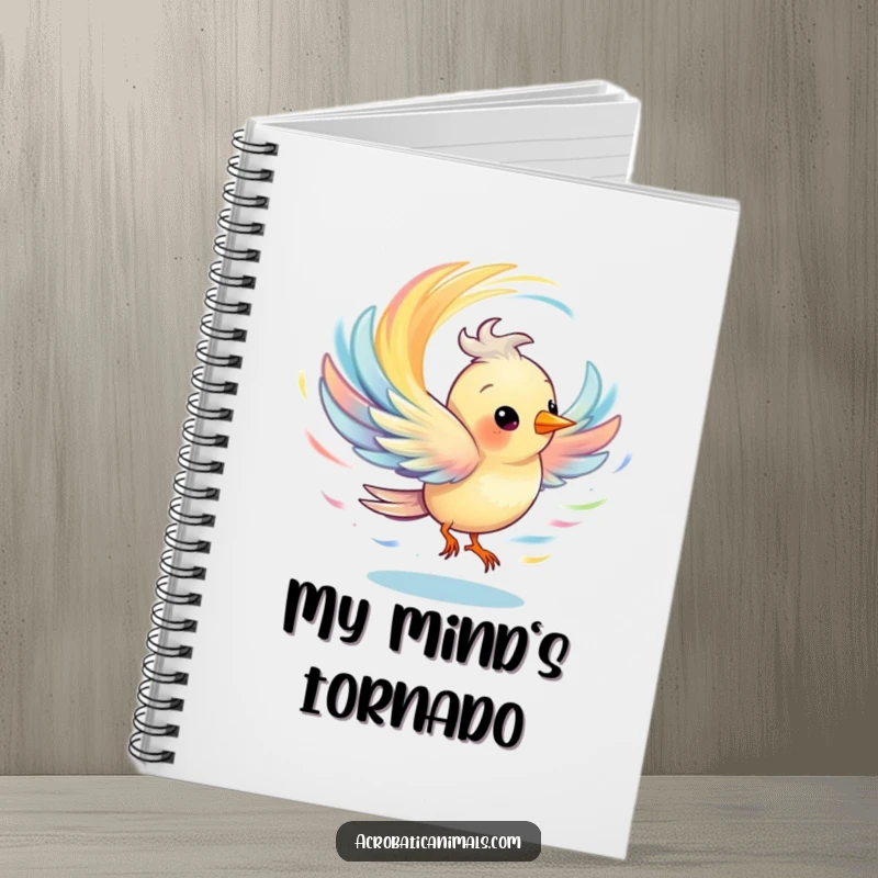 Funny notebook cover with a bird creating a colorful whirlwind, designed to inspire creative and energetic note-taking.