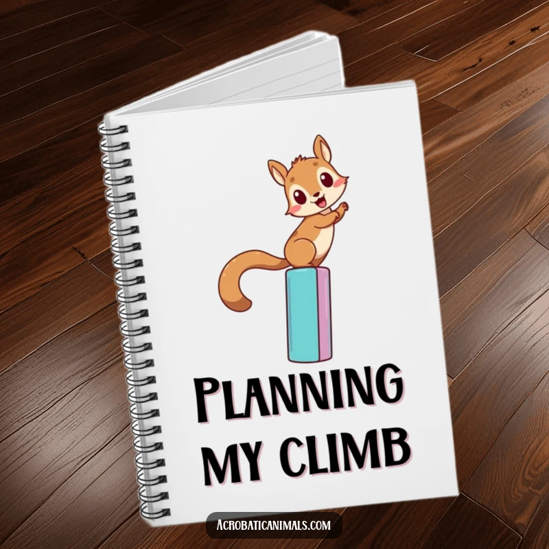 Funny squirrel climbing notebook, featuring a determined squirrel scaling a colorful bar. Perfect for notes and planning, humorous motivational gift.
