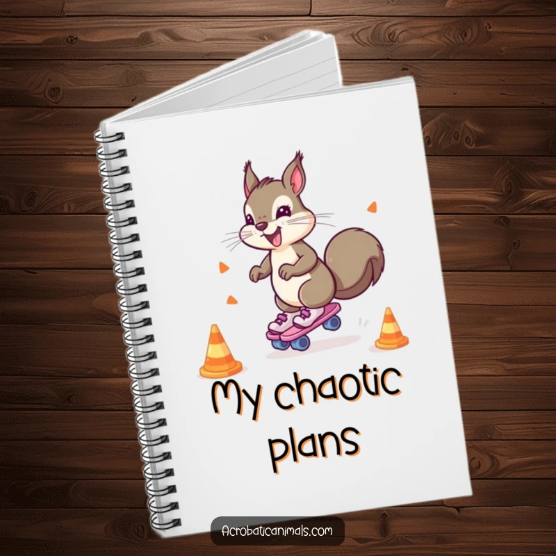 Funny notebook with a hyperactive squirrel on roller skates, weaving through cones, designed for jotting down fast thoughts.