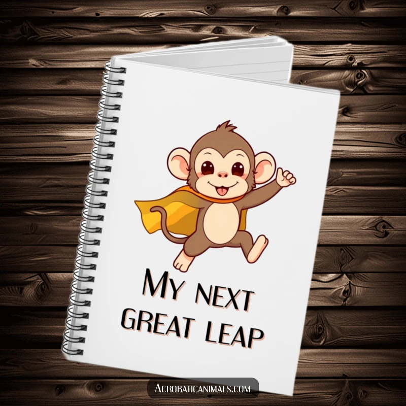 Funny notebook with a silly monkey superhero in a cape, mid-leap, inspiring creative thoughts and heroic ideas on every page.