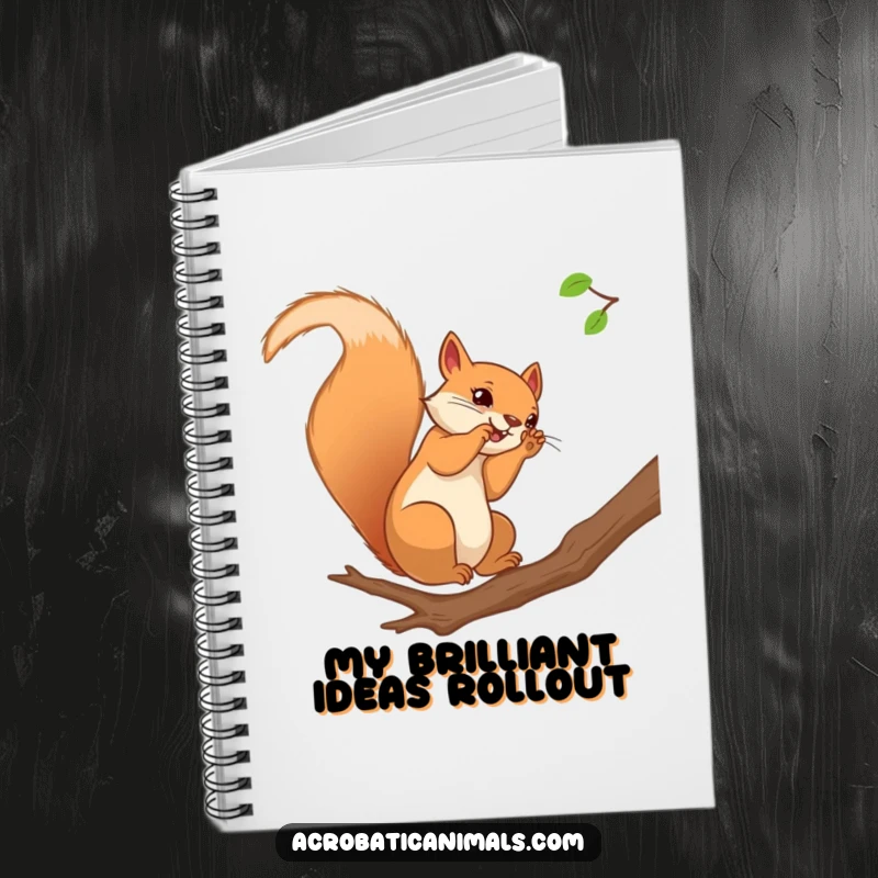 Funny squirrel notebook with a curious squirrel performing a somersault on a branch, ideal for note-taking and journaling.