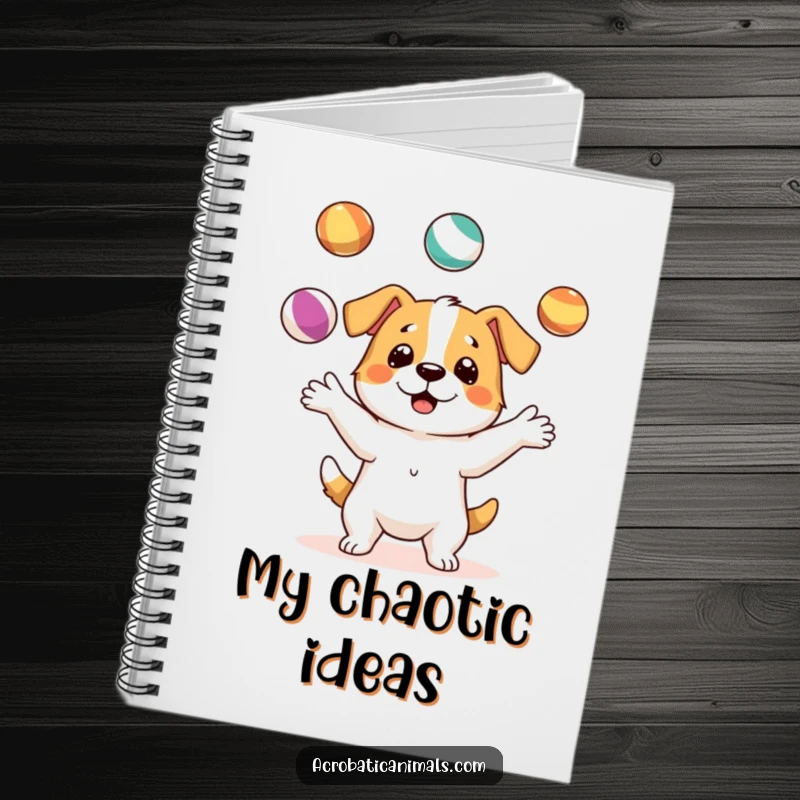 Funny notebook featuring a dog character skillfully juggling three colorful balls, perfect for jotting down witty thoughts and ideas.