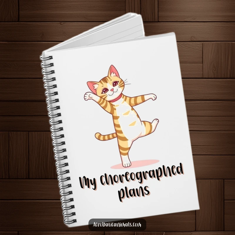 Funny notebook featuring a striped cat performing a pirouette, designed for jotting down elegant thoughts and creative ideas.