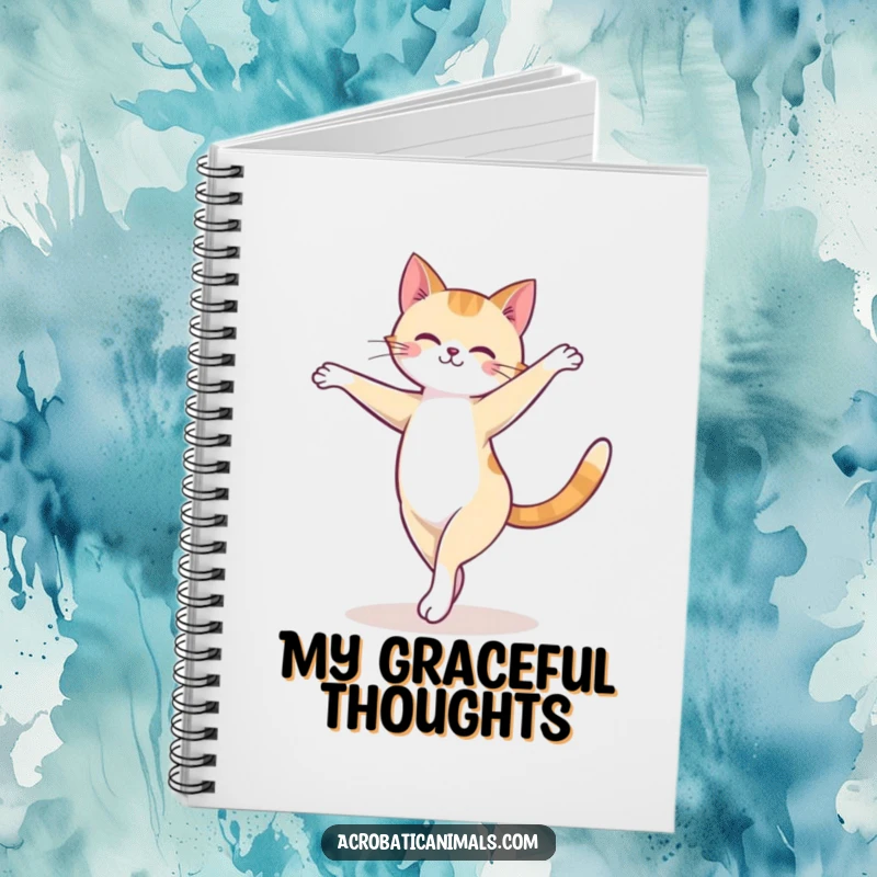 Funny cat notebook featuring a cute feline performing a graceful arabesque ballet turn on a balance beam, for jotting down humorous notes.
