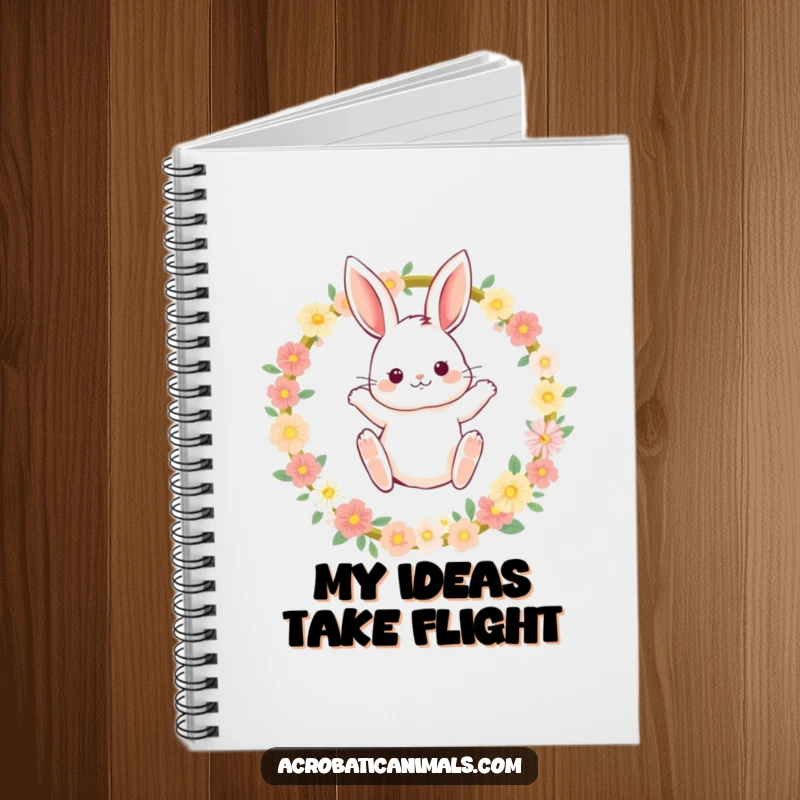 Funny bunny notebook featuring a fluffy rabbit jumping through a flower hoop, perfect for jotting down happy thoughts.