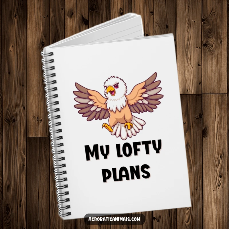 Funny eagle notebook featuring a proud bird soaring with outstretched wings in a loop, for writing patriotic and humorous notes.