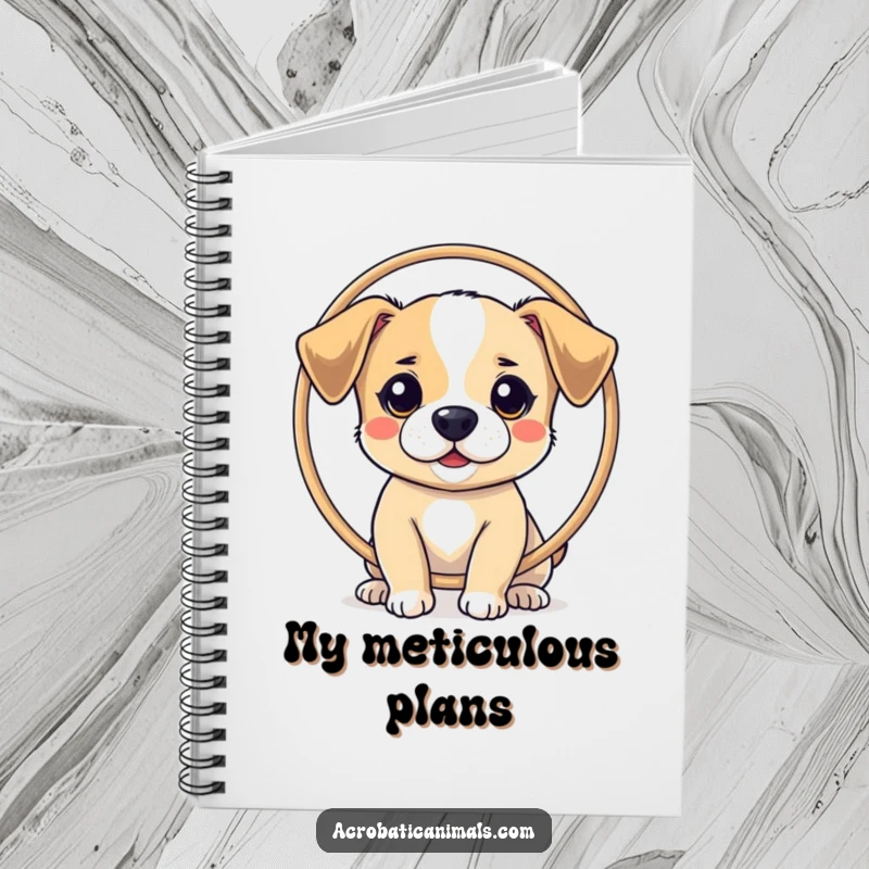 Funny notebook featuring a small dog balancing a hoop on its nose, designed for jotting down clever thoughts and ideas.