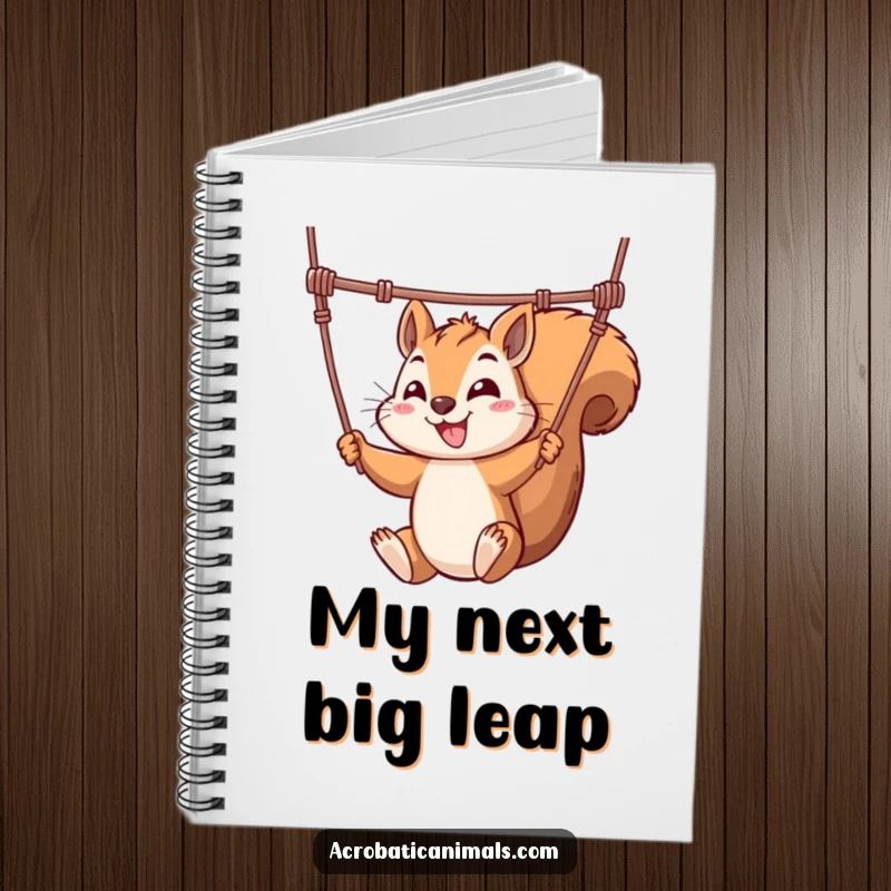 Funny notebook with a mischievous squirrel performing a trapeze act, designed for jotting down ideas with a touch of acrobatic flair.