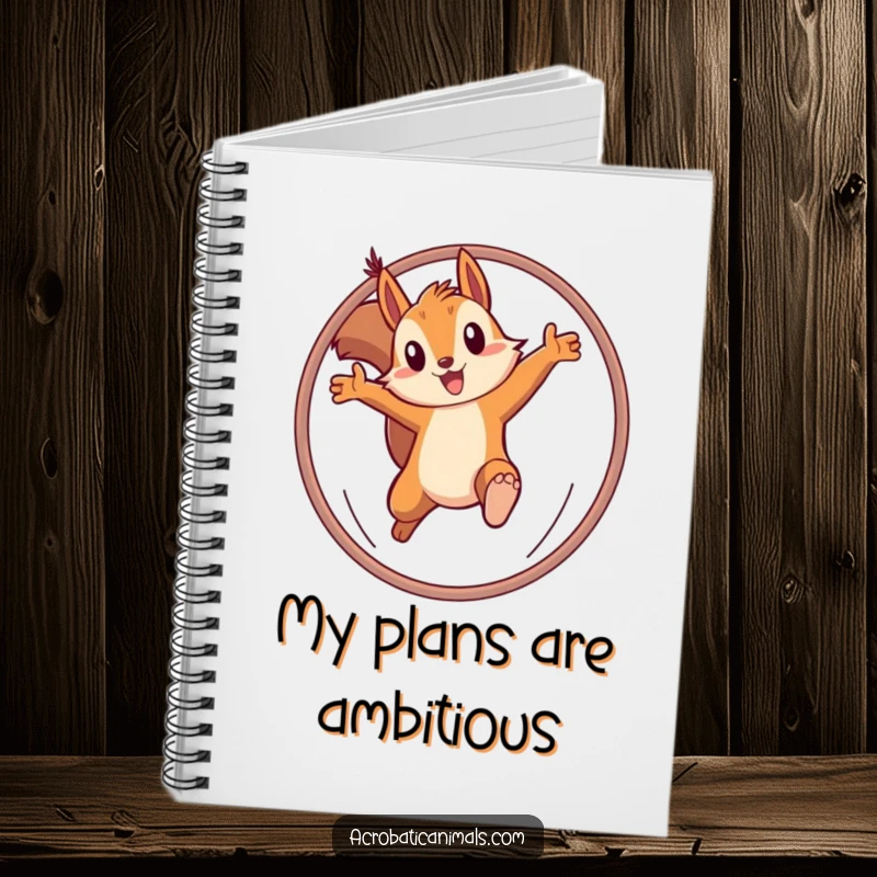 Funny notebook with a determined squirrel leaping through a hoop, perfect for notes and goals with a dose of focused humor. Great gift.