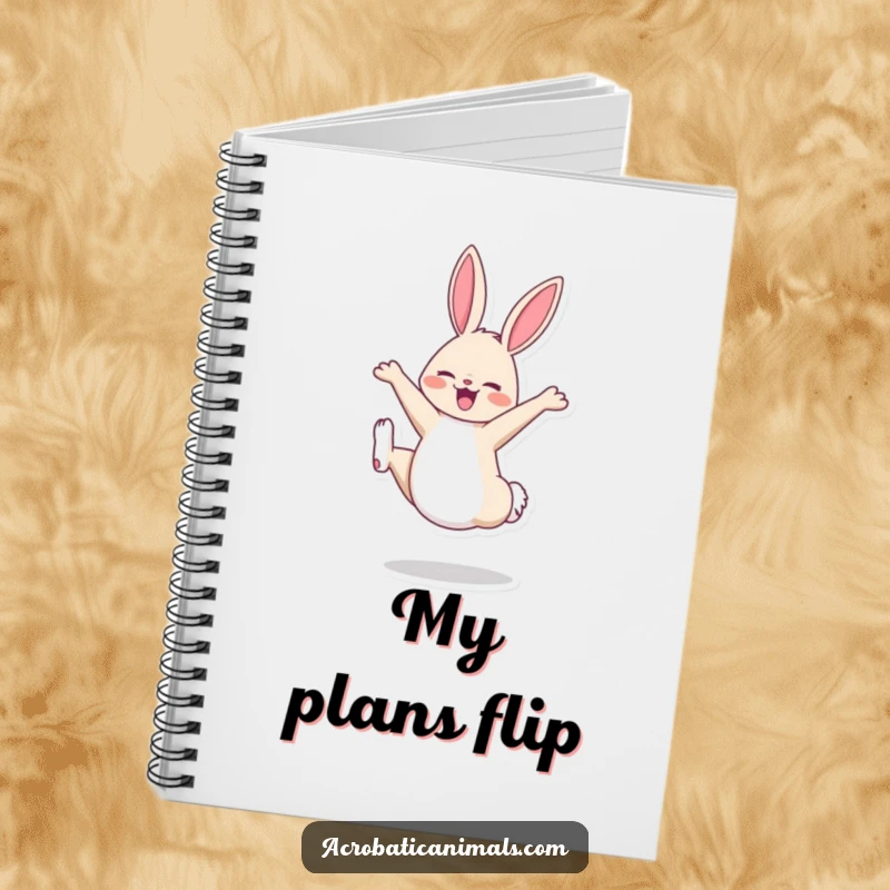 Funny bunny doing a cartwheel on a notebook cover, inspiring cheerful thoughts and creative writing.