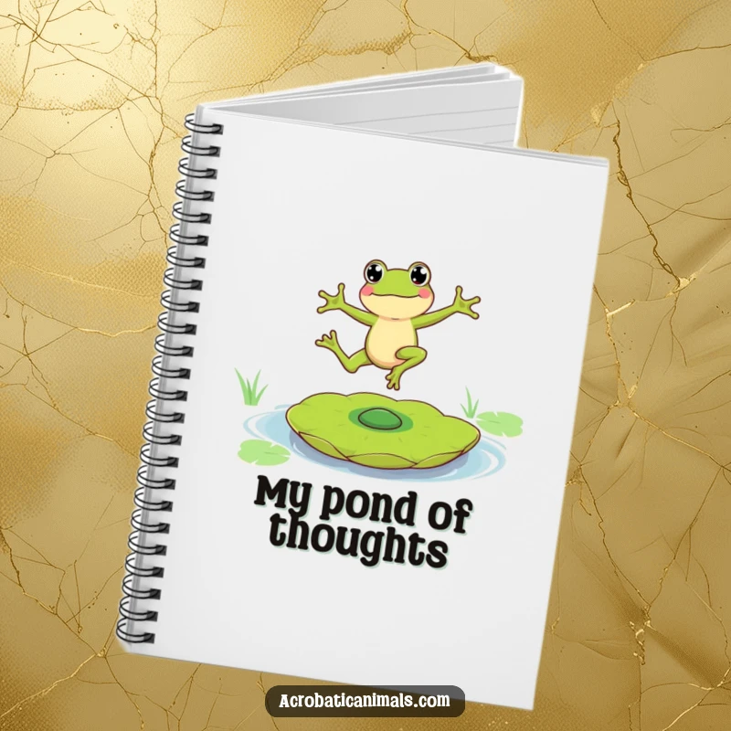 Funny notebook featuring a leaping frog character demonstrating impressive balance on a spinning lily pad, perfect for note-taking fun.