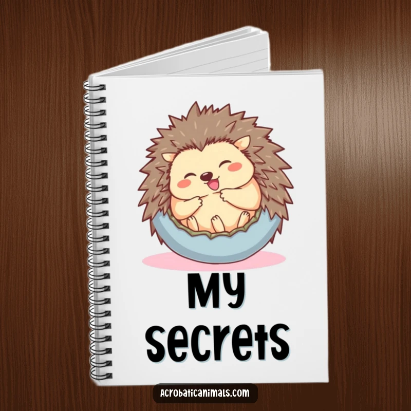 Funny notebook cover with a giggling hedgehog rolling into a ball, perfect for jotting down cute and funny ideas.