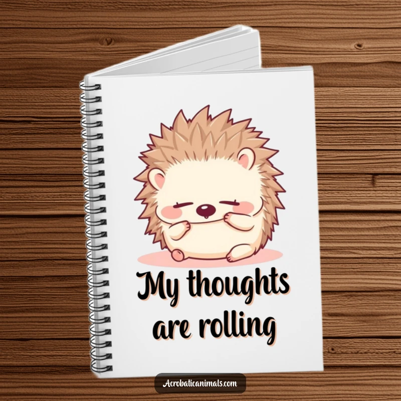 Funny hedgehog notebook with a small, fluffy hedgehog doing a forward roll with eyes closed, ideal for journaling and notes.