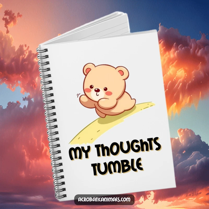 Funny notebook cover with a bear cub tumbling down a slope, designed for playful note-taking and journaling.