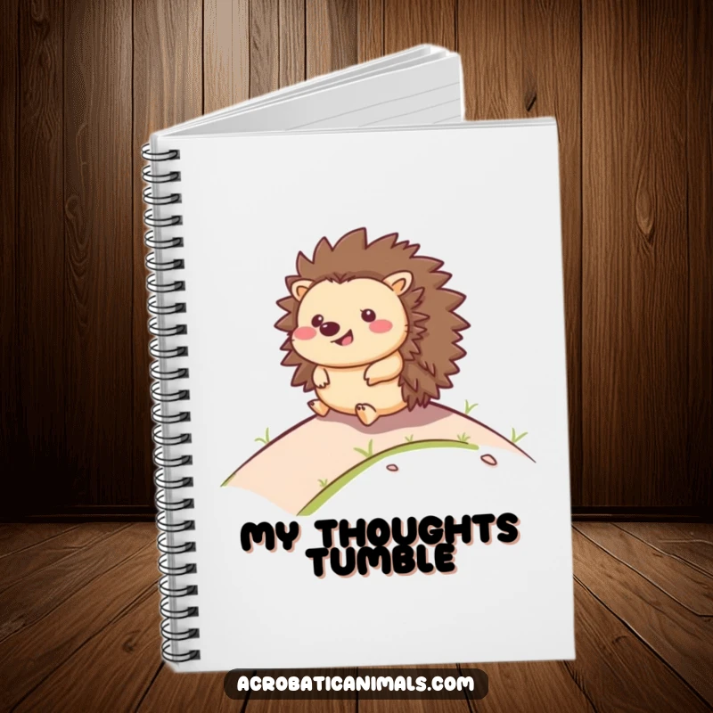 Funny notebook featuring a happy hedgehog rolling down a hill with a smile, perfect for capturing joyful thoughts and ideas.