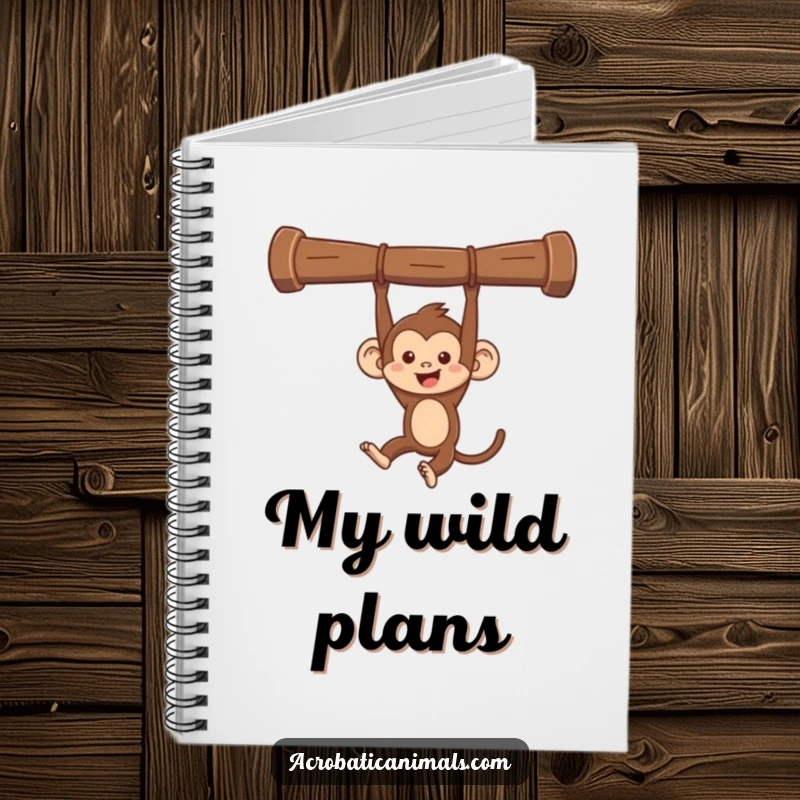 Funny monkey swinging notebook, featuring a mischievous monkey swinging from a bar. Perfect for notes and journaling, humorous playful gift.