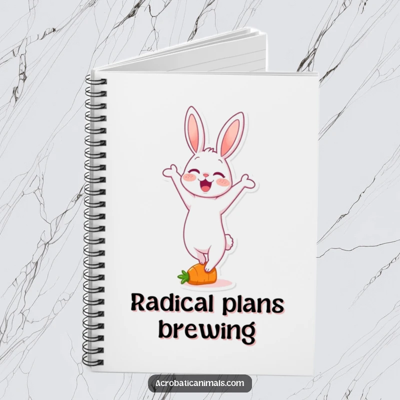 Funny notebook with a delighted rabbit character doing a handstand on a tiny carrot, inspiring notes and creative thoughts.