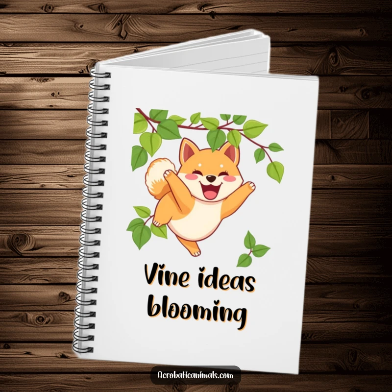 Funny Shiba Inu notebook with a happy puppy swinging on a vine, ideal for writing and sketching, a cool funny gift.