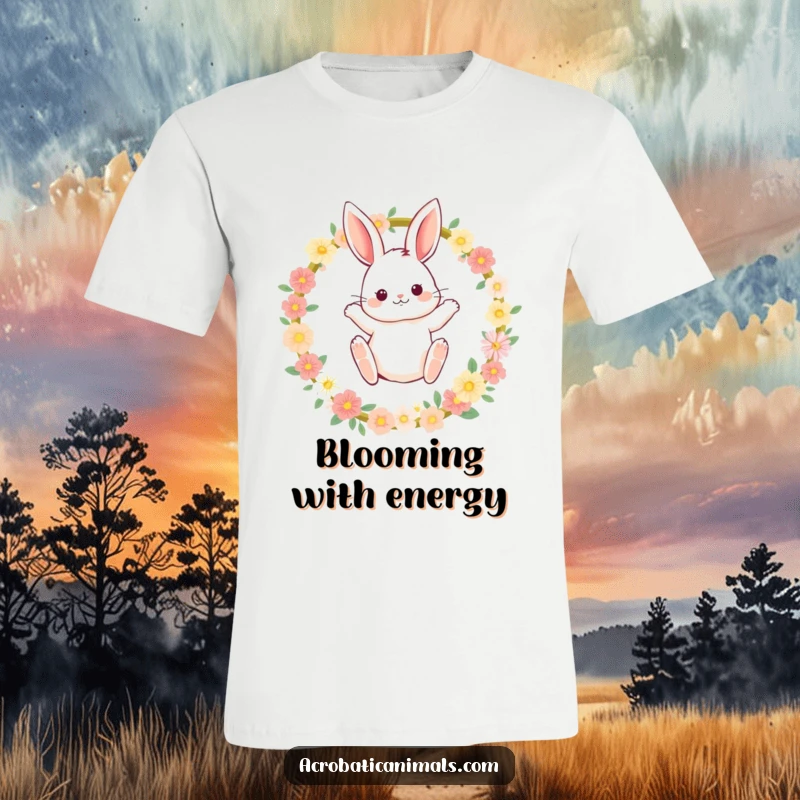 Funny bunny t-shirt with a fluffy rabbit dramatically leaping through a flower hoop, conveying energetic and humorous action.