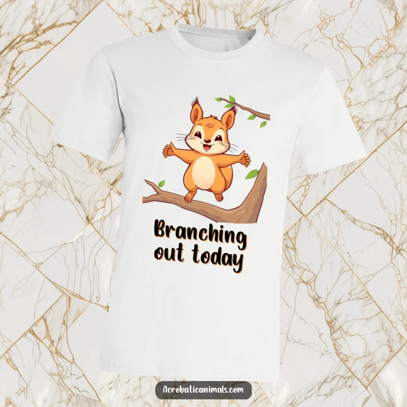Funny squirrel in mid-leap between branches on a t-shirt, showcasing energetic movement and a joyful expression, a great funny gift.