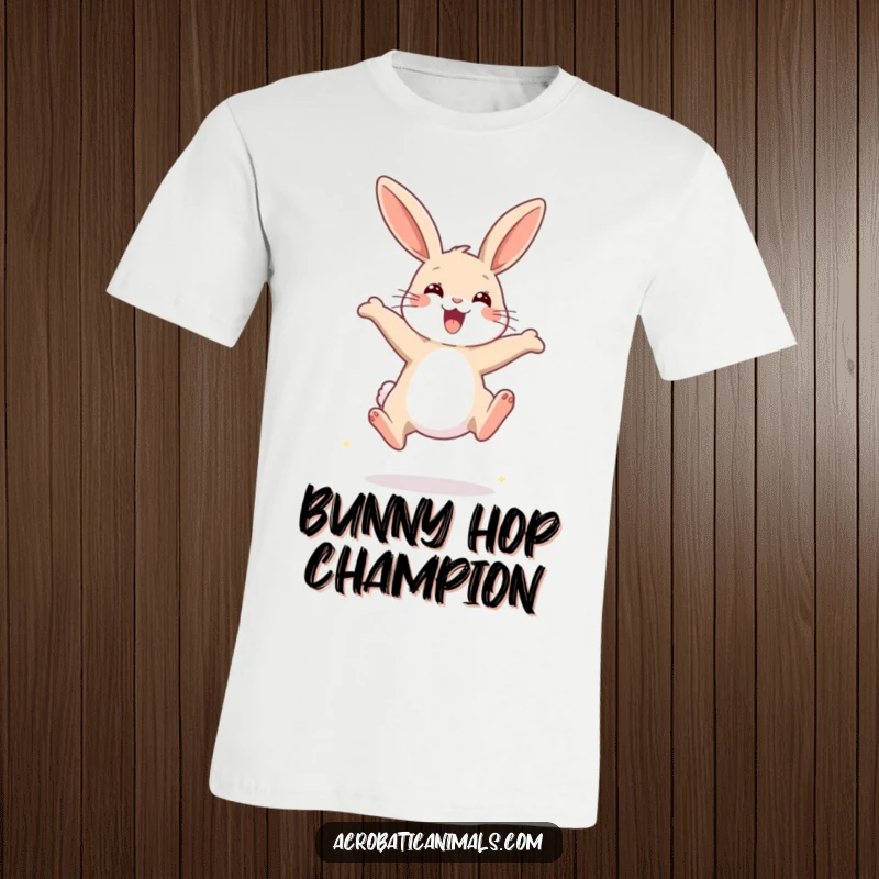 Funny Rabbit High Jump T-Shirt showing a determined rabbit mid-air, soaring over an imaginary bar with comical effort.