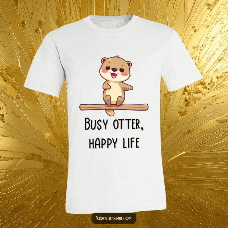 Funny t-shirt depicting a delighted otter spinning on a beam, capturing elegance and playful joy. Perfect gift.