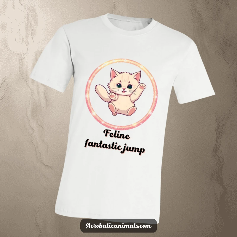 Funny t-shirt featuring a fluffy cat mid-leap through a glittering hoop, designed for those with a bold and playful spirit.