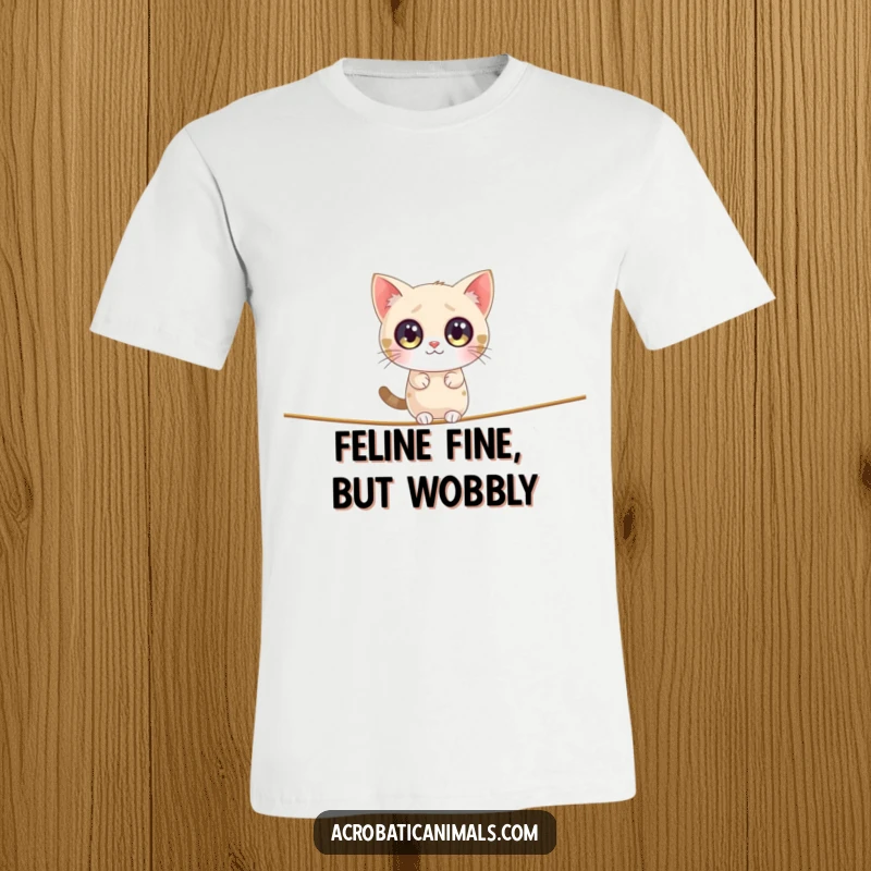 Funny cat t-shirt featuring a round, wide-eyed cat performing a daring tightrope act, a wonderfully humorous design.