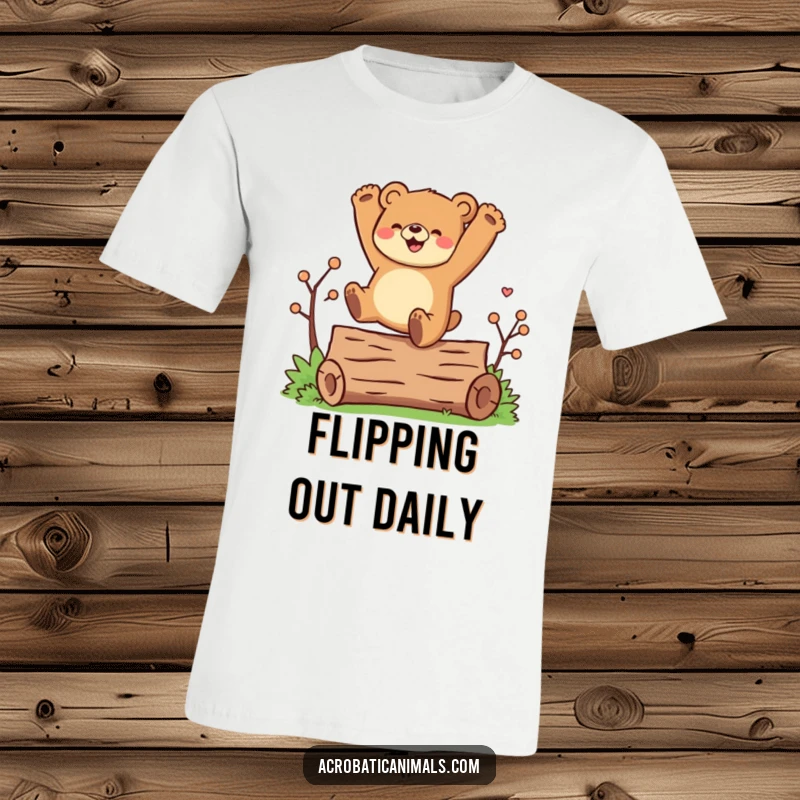 Funny t-shirt with a joyful bear character performing a cartwheel over a log, showcasing athletic fun and a happy disposition.