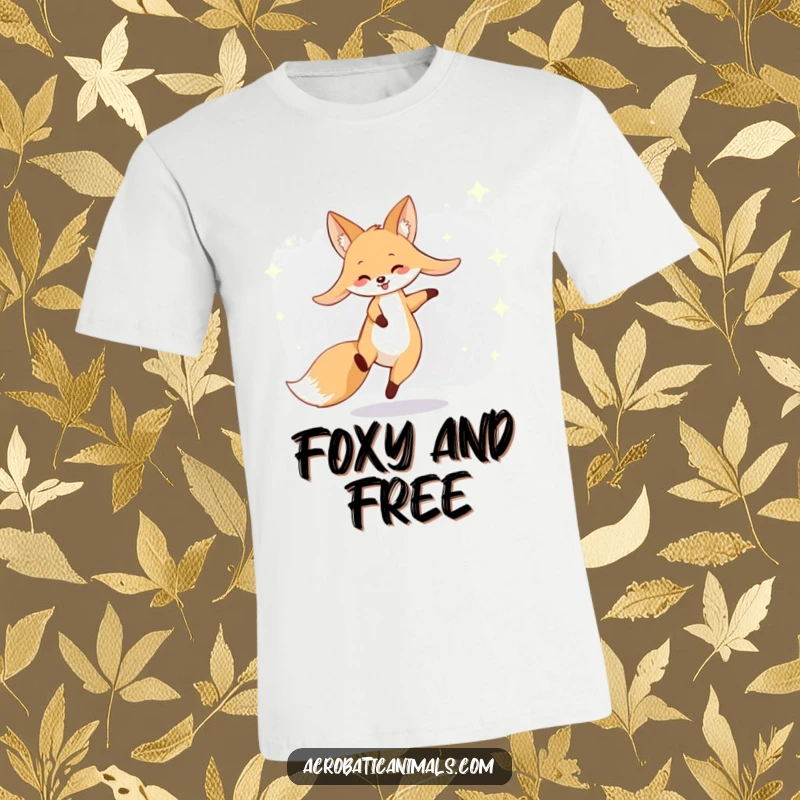 Funny fox t-shirt with a smiling, long-eared fox doing a cartwheel on a background filled with stars, very amusing.