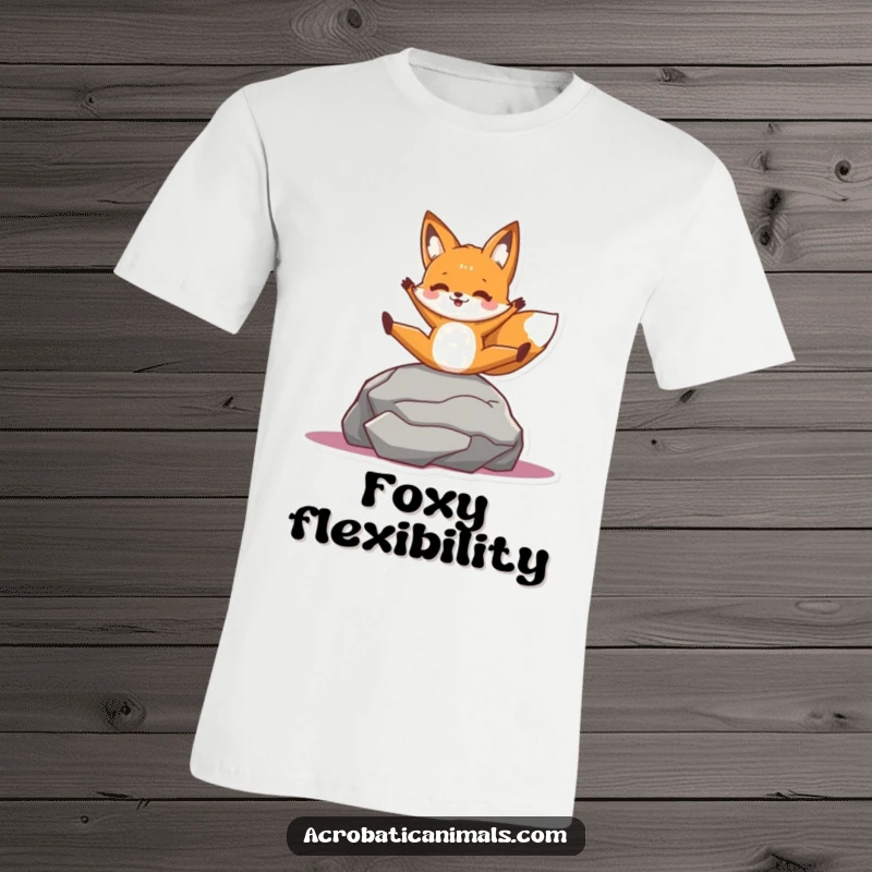 Funny t-shirt with a cheerful fox character in a split pose on a rock, highlighting agility and a playful attitude.