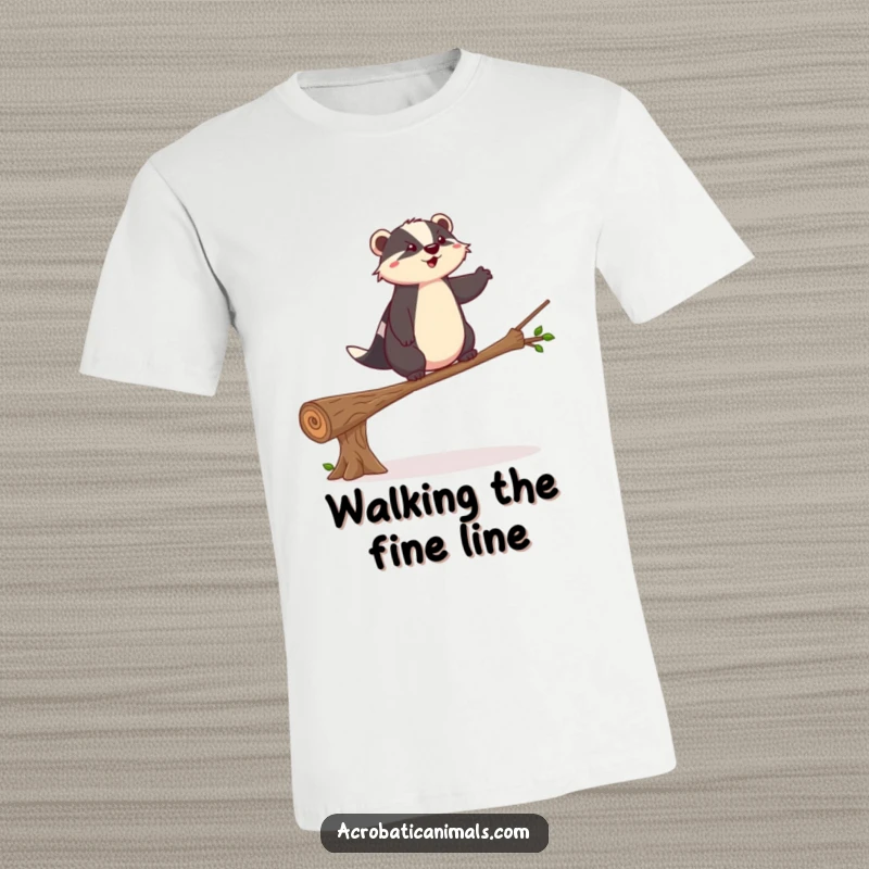 Funny badger t-shirt depicting a tightrope walk on a log, showcasing bravery and focus, a great funny gift.