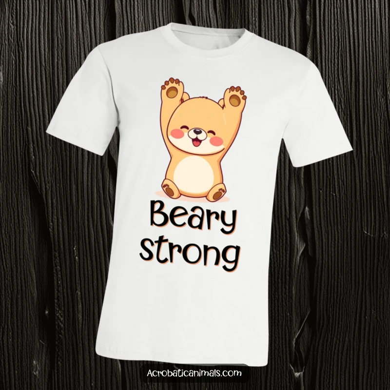Funny bear t-shirt with a happy bear doing a perfect handstand, paws up, radiating strength and humorous positivity.