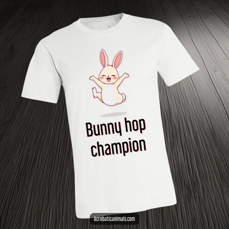 Funny t-shirt featuring a cheerful bunny performing a perfect cartwheel, conveying boundless energy and happiness.