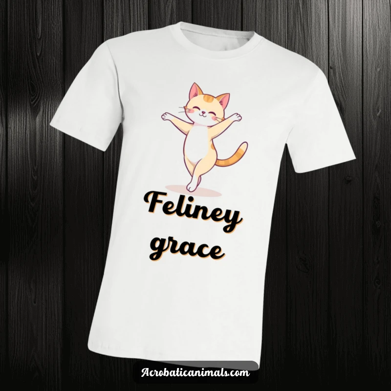 Funny cat t-shirt featuring a cute, graceful feline executing a perfect arabesque turn on a balance beam, a humorous ballet moment.