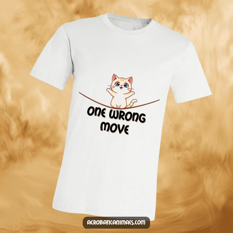 Funny t-shirt with a surprised cat character wobbling precariously on a tightrope, conveying a moment of comical tension.