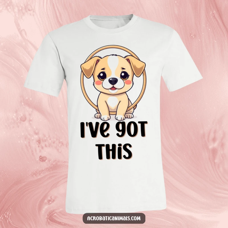 Funny t-shirt depicting a small dog expertly balancing a hoop on its nose, highlighting its impressive training and cute demeanor.