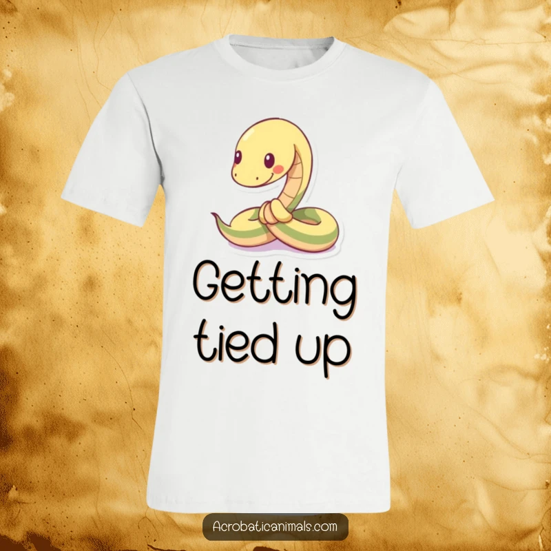 Funny t-shirt featuring a flexible snake character playfully tied into an intricate knot, showcasing cleverness.
