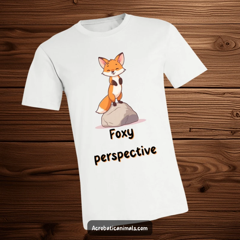 Funny t-shirt featuring a curious fox doing a perfect handstand on a rock, exuding playful balance and wit.