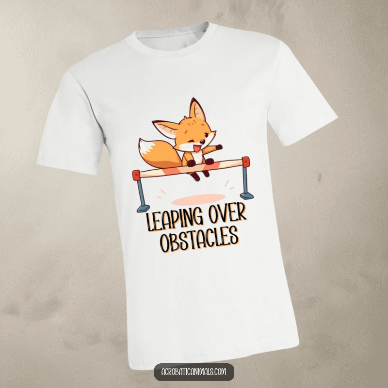 Funny fox t-shirt depicting a determined fox with a wide grin leaping over a hurdle, celebrating achievement and fun.