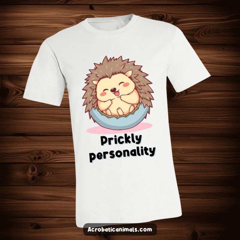Funny t-shirt with a giggling hedgehog rolling into a ball, capturing playful amusement and endearing shyness.