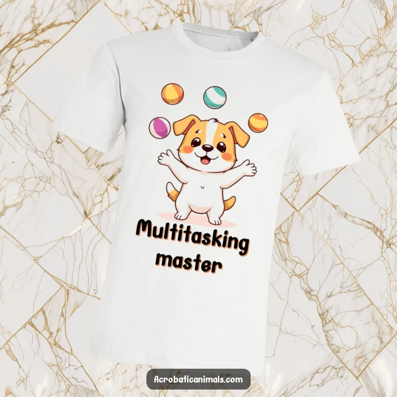 Funny t-shirt showcasing a delightful dog character expertly juggling three vibrant balls, demonstrating canine talent and playful energy.