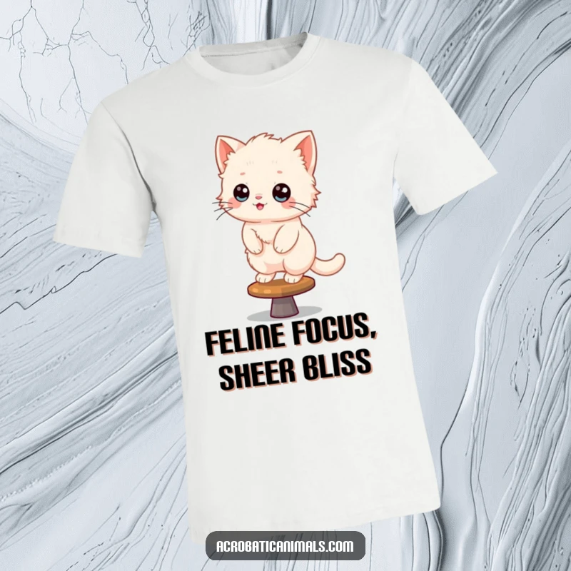 Funny Kitten T-Shirt: A fluffy kitten balances with a happy expression on a spinning gymnastics beam, looking adorable.