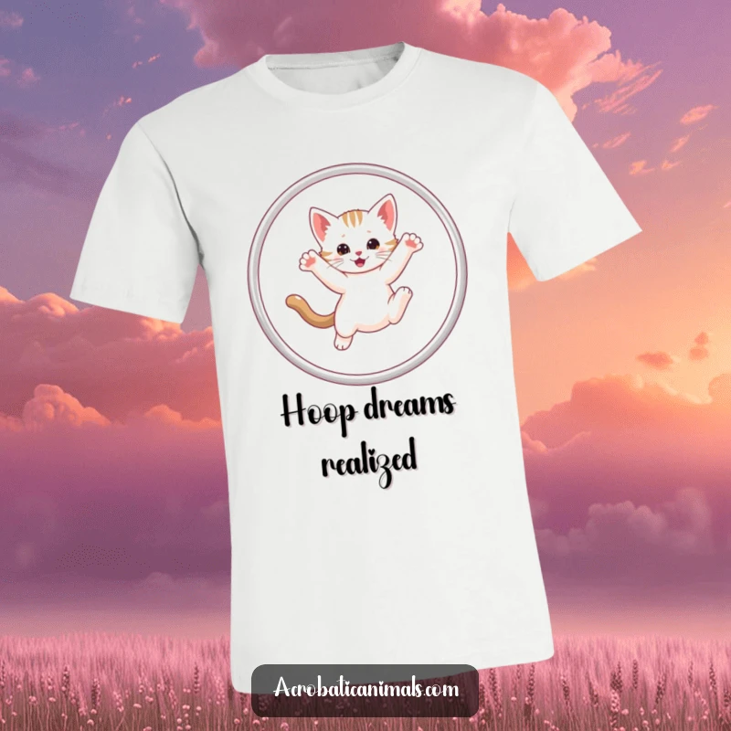 Funny Kitten Hula Hoop T-Shirt showcasing a determined kitten mid-air, impressively jumping through a hula hoop with hilarious focus.