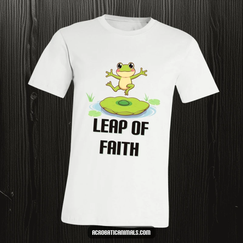 Funny t-shirt depicting a dynamic frog character mid-leap, expertly balancing on a dizzyingly spinning lily pad.